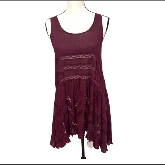 Free People Voile & Lace Maroon with Black Polka Dot Trapeze Dress - Picture 10 of 12